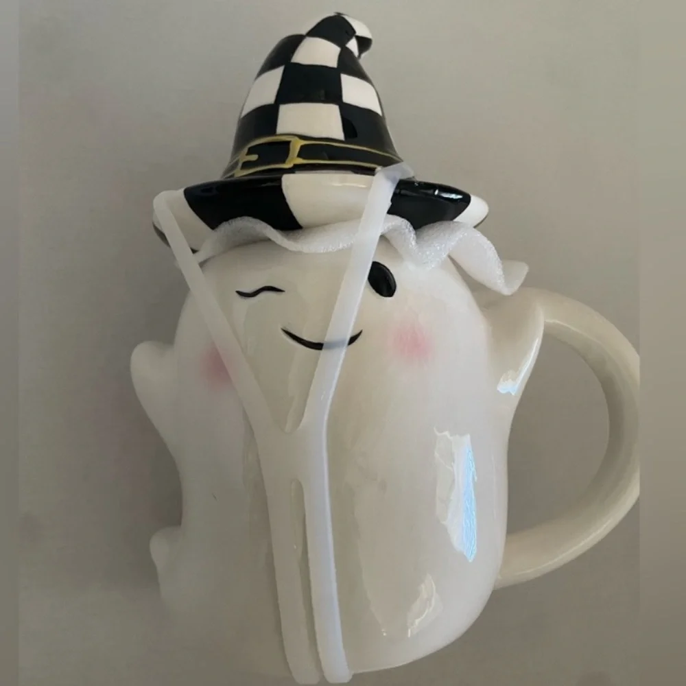 Halloween ghost and witch hat lid coffee tea cup black and white checker pattern